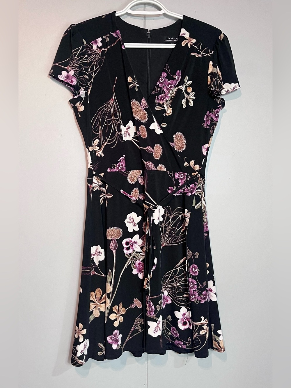 Le Château Floral Wrap Style Dress M Black Purple Made in Canada